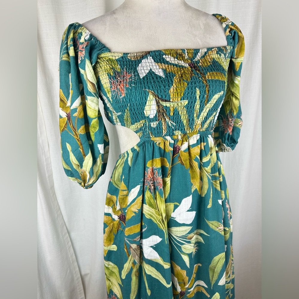 Women's O.P.T. Teal Botanical Smocked Maxi Side Cut Out Dress with Puff Sleeves